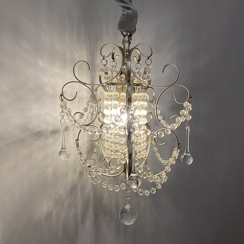 French Country Metal Scroll Bedside Pendant Light With Crystal Bead