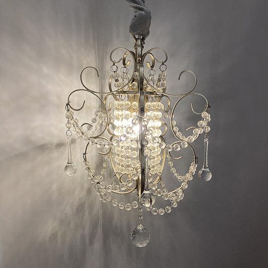 French Country Metal Scroll Bedside Pendant Light With Crystal Bead
