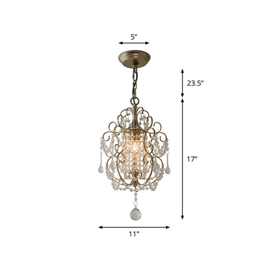 French Country Metal Scroll Bedside Pendant Light With Crystal Bead