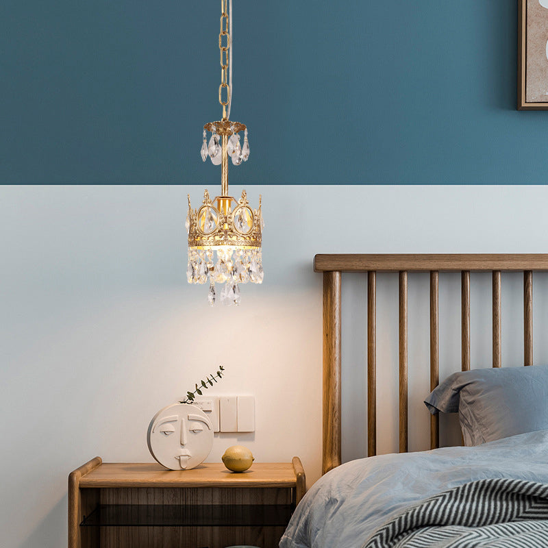 Antique Gold Crown Ceiling Pendant With Crystal Drops For Single Bedroom
