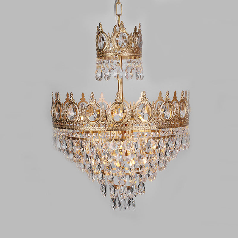 Antique Gold Crown Ceiling Pendant With Crystal Drops For Single Bedroom