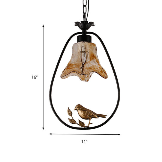 Classic Round/Oval Tan Textured Glass Pendant Light With Bird Accent In Black