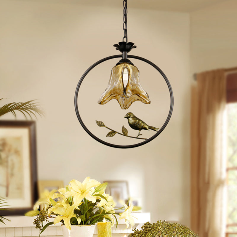 Classic Round/Oval Tan Textured Glass Pendant Light With Bird Accent In Black
