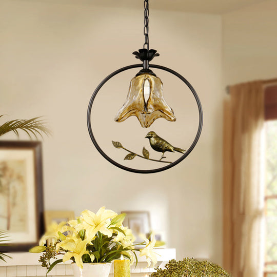 Classic Round/Oval Tan Textured Glass Pendant Light With Bird Accent In Black