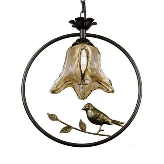 Classic Round/Oval Tan Textured Glass Pendant Light With Bird Accent In Black
