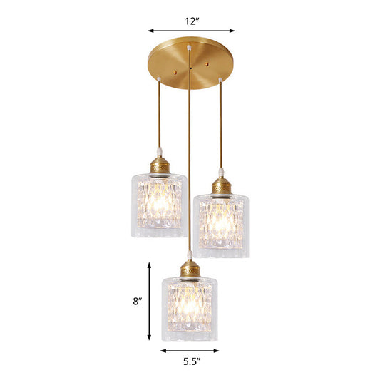Modern Brass Cylinder Pendant Light with Prismatic Glass Shade - 3 Lights, Linear/Round Canopy