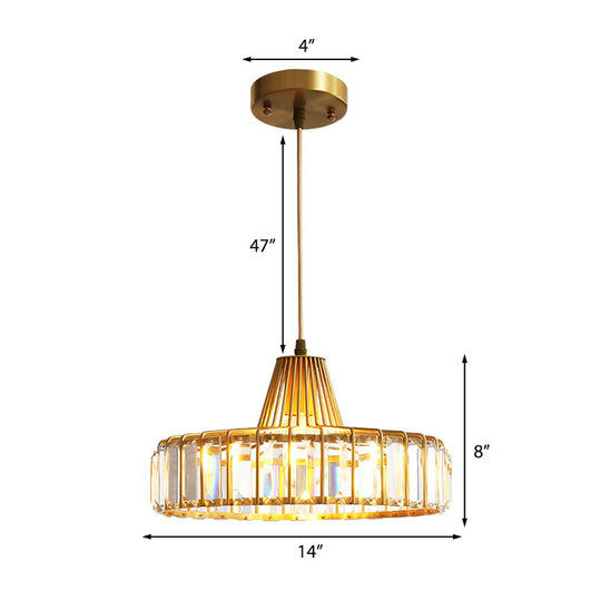 Contemporary Crystal Block Drum Pendant Light - Gold, 1 Light, 10"/14" Wide
