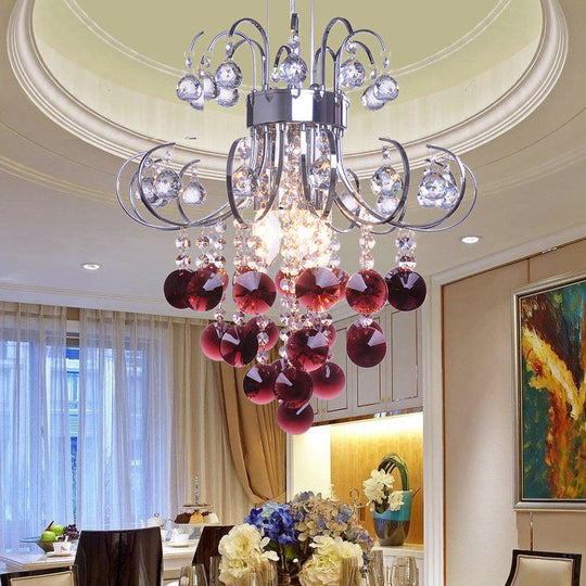 Modern Red Crystal Chandelier - Bent Arm Frame, 3 Lights, Chrome Ceiling Fixture