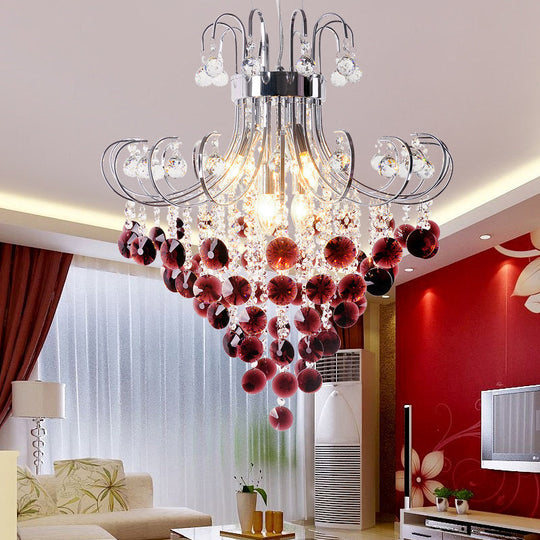Modern Red Crystal Chandelier - Bent Arm Frame, 3 Lights, Chrome Ceiling Fixture