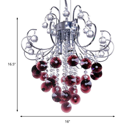 Modern Red Crystal Chandelier - Bent Arm Frame, 3 Lights, Chrome Ceiling Fixture