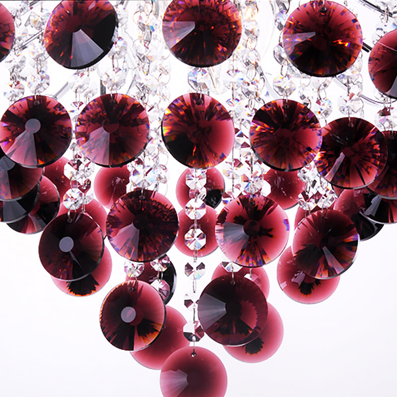 Modern Red Crystal Chandelier - Bent Arm Frame, 3 Lights, Chrome Ceiling Fixture
