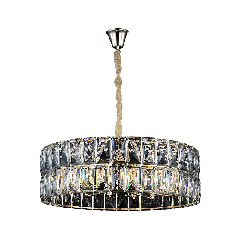 Gold Postmodern Drum Chandelier Light - Faceted Crystal, 8 Lights - Ceiling Hanging Fixture