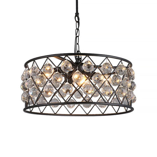Modern Round Black Chandelier Light with Iron Frame, Metal, and Crystal - 4 Lights