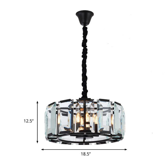 Antique Style Crystal Block Drum Ceiling Light Fixture - 4-Light Black Chandelier for Bedroom