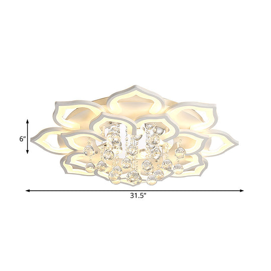 6/16/20 White Flush Mount Ceiling Light for Living Room - Warm/White Light, Floral Acrylic Shade, Crystal Drop