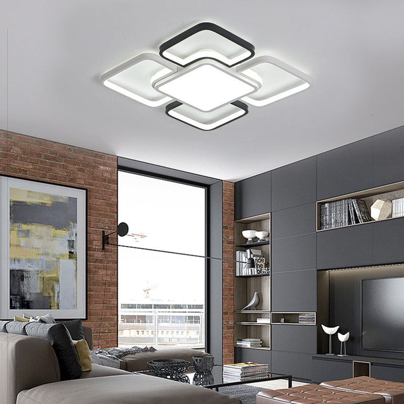 Modern LED Ceiling Flush Mount Light - 16/19.5/35.5" - Black & White - Square/Rectangle Lamp - Acrylic Shade - Warm/White Light