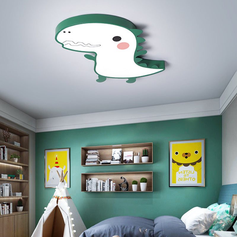 Dinosaur Flushmount Lamp: Pink/Green Cartoon LED Ceiling Light with Acrylic Diffuser (Warm/White)