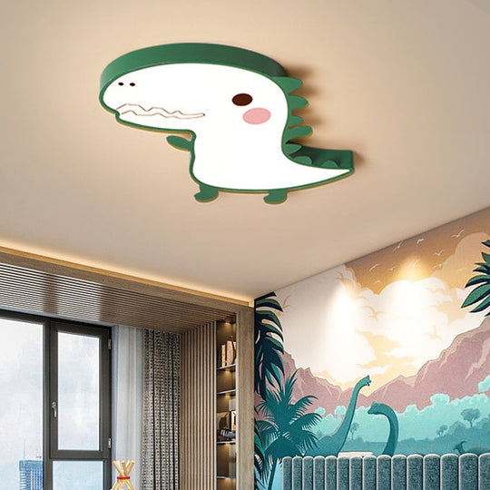 Dinosaur Flushmount Lamp: Pink/Green Cartoon LED Ceiling Light with Acrylic Diffuser (Warm/White)