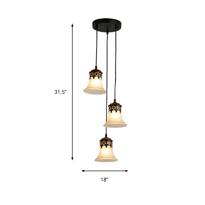 Traditional Black Bell Cluster Pendant With Frosted Glass - 3 Lights Hanging Lamp For Living Room