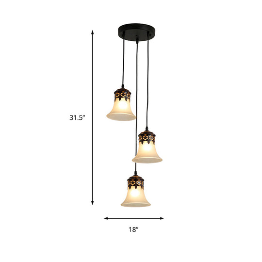 Traditional Black Bell Cluster Pendant With Frosted Glass - 3 Lights Hanging Lamp For Living Room