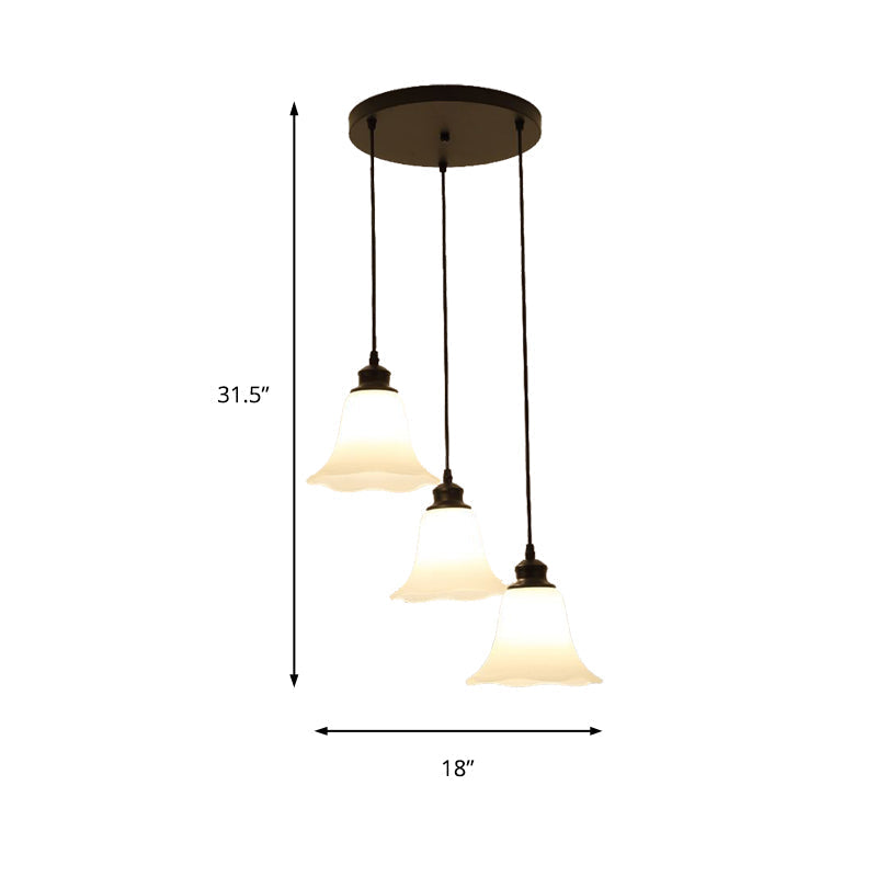 Black Flared Glass Cluster Pendant Ceiling Light With Frosted - 3 Lights For Living Room