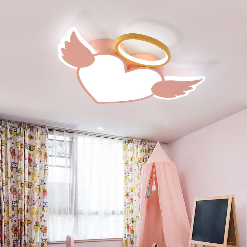 Heart Shaped Metal Flushmount Lamp: Cartoon Design, LED Blue/Pink Ceiling Lighting 19.5"/23.5" with Acrylic Diffuser in Warm/White Light