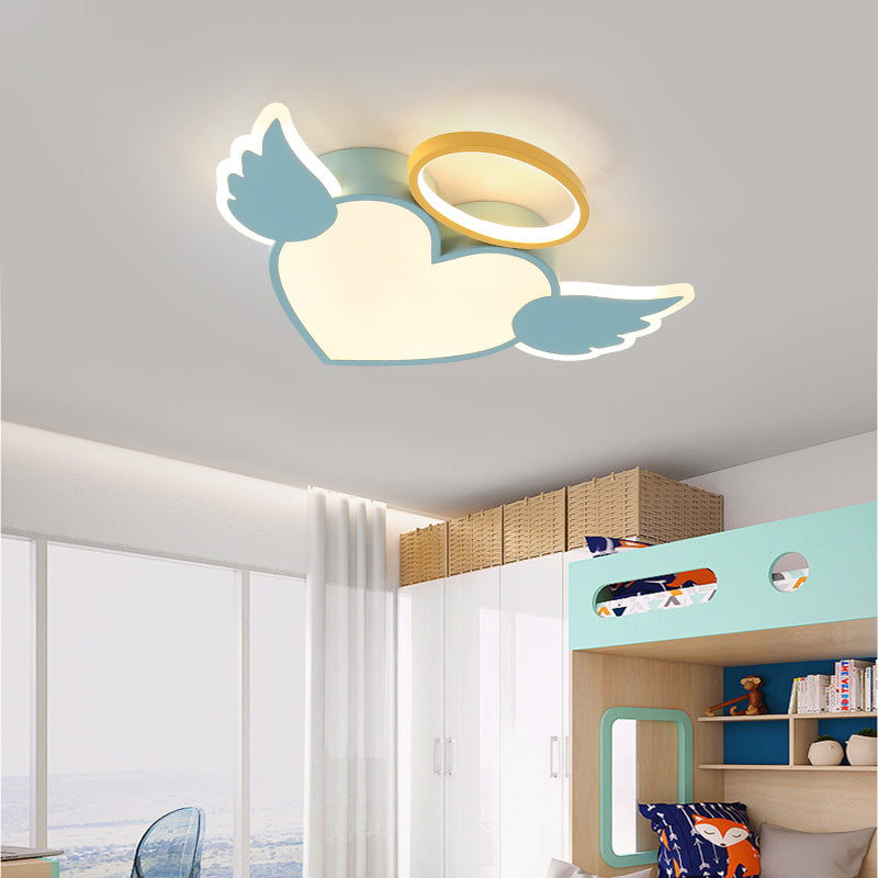 Heart Shaped Metal Flushmount Lamp: Cartoon Design, LED Blue/Pink Ceiling Lighting 19.5"/23.5" with Acrylic Diffuser in Warm/White Light