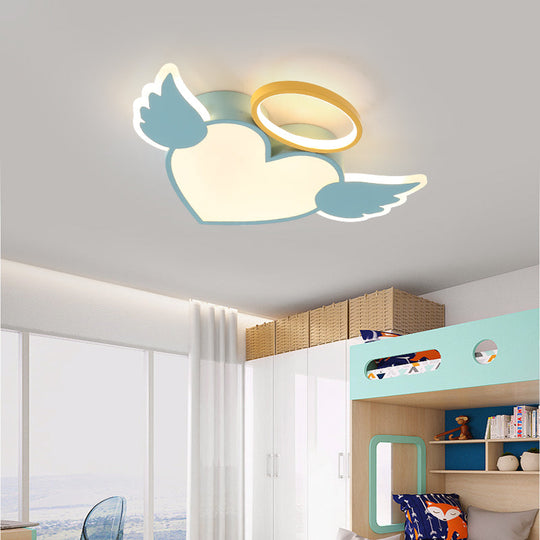 Heart Shaped Metal Flushmount Lamp: Cartoon Design, LED Blue/Pink Ceiling Lighting 19.5"/23.5" with Acrylic Diffuser in Warm/White Light