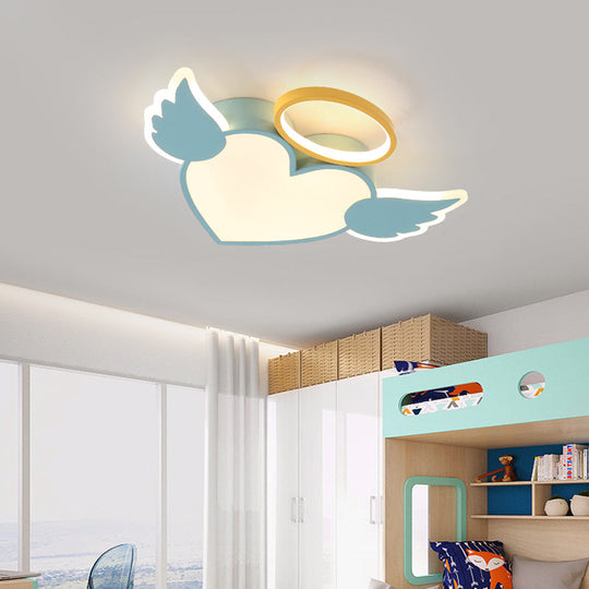 Heart Shaped Metal Flushmount Lamp: Cartoon Design, LED Blue/Pink Ceiling Lighting 19.5"/23.5" with Acrylic Diffuser in Warm/White Light
