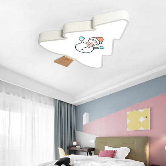 Kids LED Green/Gray Tree Flush Mount Light: Acrylic Ceiling Fixture with Snowman Pattern