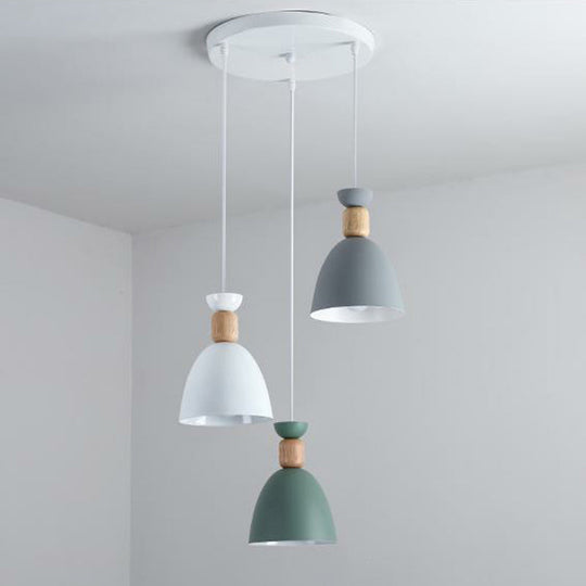 Macaron 3-Head Metallic Multi Ceiling Light: Inverted Cup Design White Suspension Lighting