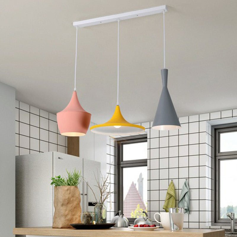 Minimalistic Shaded Hanging Lighting: Metallic 3-Head Pink-Yellow Pendant