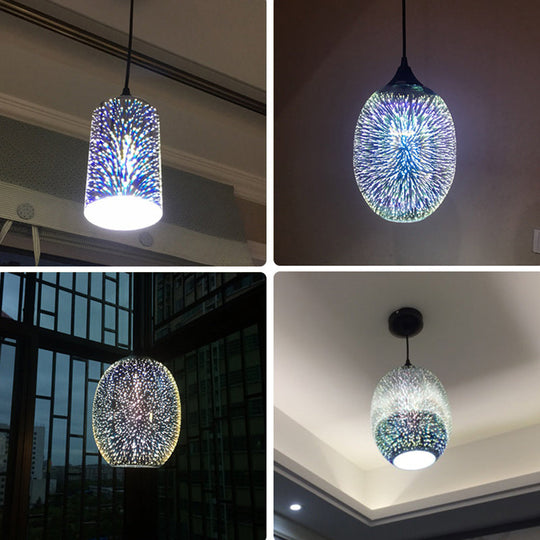 Contemporary Black Glass Pendant Light: Geometrical 3D Firework Design, Single-Bulb Suspension for Living Room