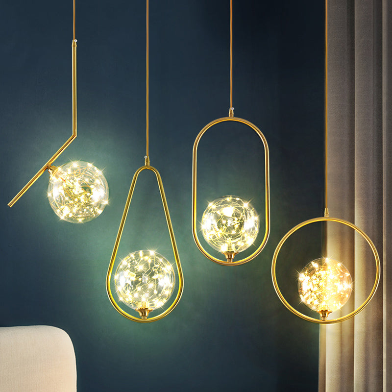 Modern Globe Glass Pendant Light for Bedroom, LED Hanging Ceiling Fixture in Brass