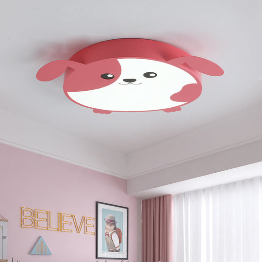 Doggie-Themed Led Flush Mount Ceiling Light For Kids Bedrooms In Pink/Green With Warm/White