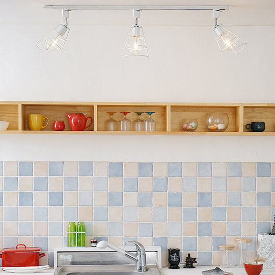 Retro Wire Cage Semi Flush Ceiling Light with Rotatable Conical Shade, Black/White Metal