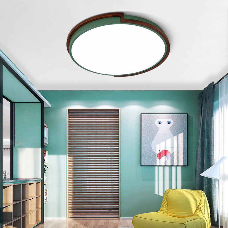 Modern Circle Flush Mount Macaron Metal LED Lamp, White/Green, with Acrylic Diffuser for Living Room - 13"/17"/21" Wide