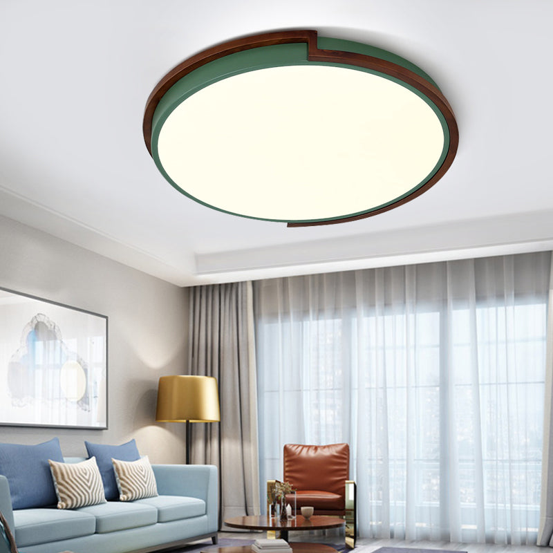 Modern Circle Flush Mount Macaron Metal LED Lamp, White/Green, with Acrylic Diffuser for Living Room - 13"/17"/21" Wide