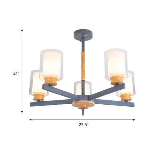 Nordic Opal Glass Cylinder Pendant Chandelier - 3/5/6 Lights Grey/White Hanging Lamp For Living Room
