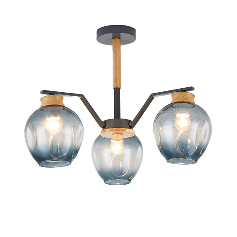 Nordic Globe Chandelier Pendant Light: Dimpled Blown Glass 3/5 Lights Grey/Green Finish