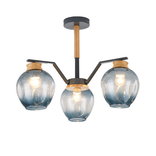 Nordic Globe Chandelier Pendant Light: Dimpled Blown Glass 3/5 Lights Grey/Green Finish