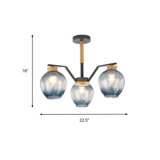 Nordic Globe Chandelier Pendant Light: Dimpled Blown Glass 3/5 Lights Grey/Green Finish