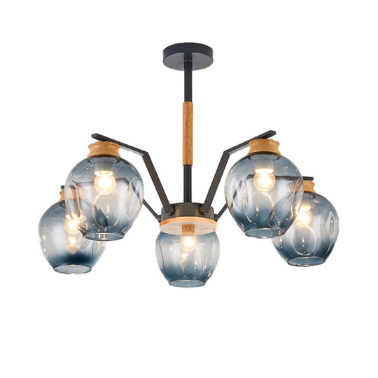 Nordic Globe Chandelier Pendant Light: Dimpled Blown Glass 3/5 Lights Grey/Green Finish