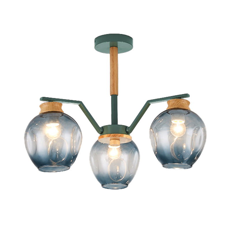 Nordic Globe Chandelier Pendant Light: Dimpled Blown Glass 3/5 Lights Grey/Green Finish