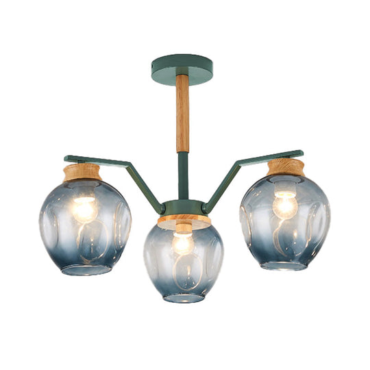 Nordic Globe Chandelier Pendant Light: Dimpled Blown Glass 3/5 Lights Grey/Green Finish