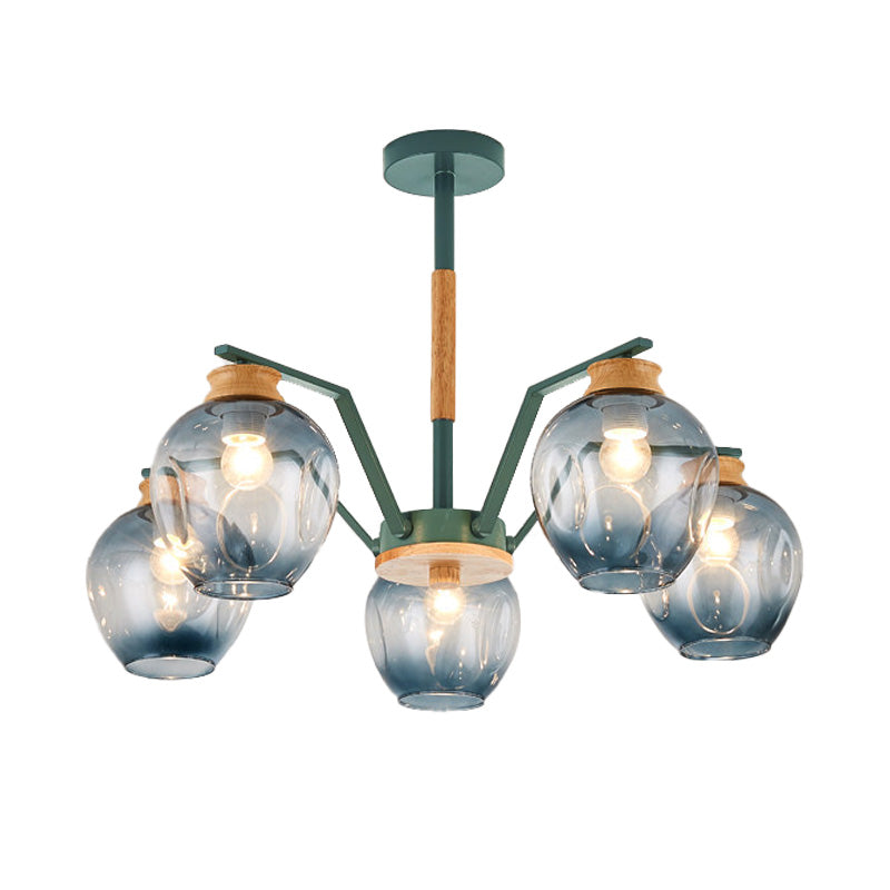 Nordic Globe Chandelier Pendant Light: Dimpled Blown Glass 3/5 Lights Grey/Green Finish