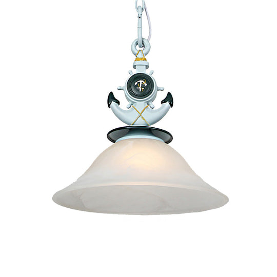 Modernist Style Bell Opal Glass Pendant Light With Anchor Deco - Blue/White Finish