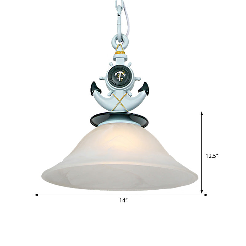 Modernist Style Bell Opal Glass Pendant Light With Anchor Deco - Blue/White Finish