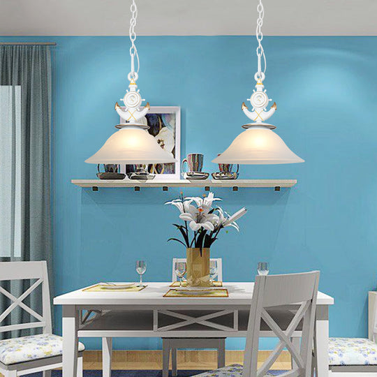 Modernist Style Bell Opal Glass Pendant Light With Anchor Deco - Blue/White Finish