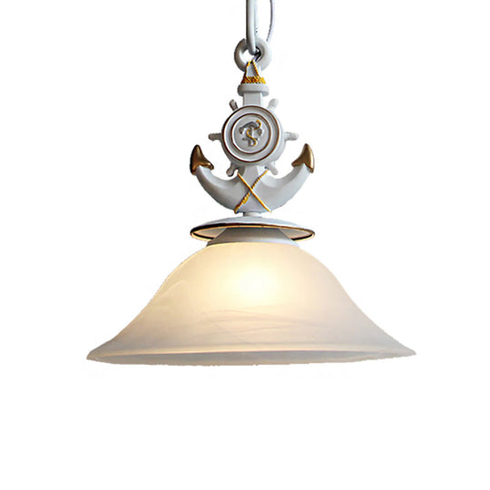 Modernist Style Bell Opal Glass Pendant Light With Anchor Deco - Blue/White Finish